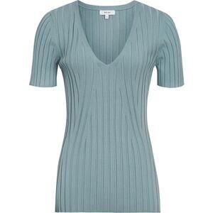 Reiss Aster Light Blue Wide Ribbed V Neck Knit Top Size M Short Sleeve Luxury